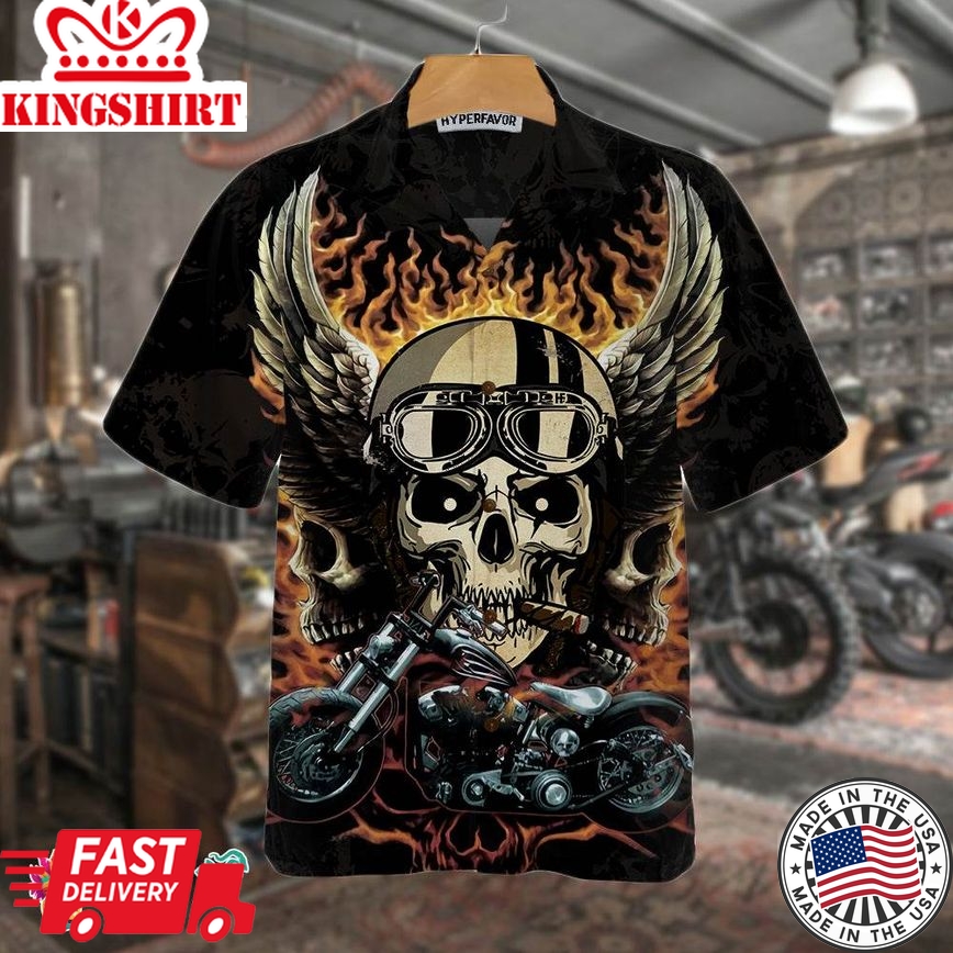 Fire Hell Rider Skull Biker Wings Motorcycle Hawaiian Shirt, Best Gift For Bikers