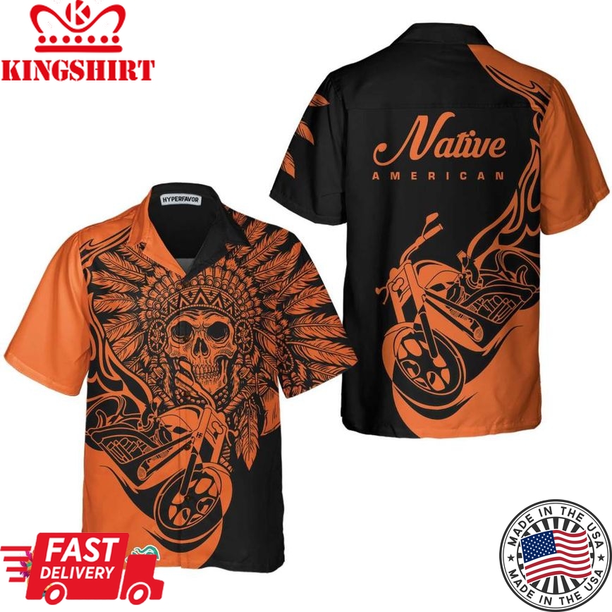 Fire Racing Skull Biker Native American Motorcycle Hawaiian Shirt, Gift For Native American