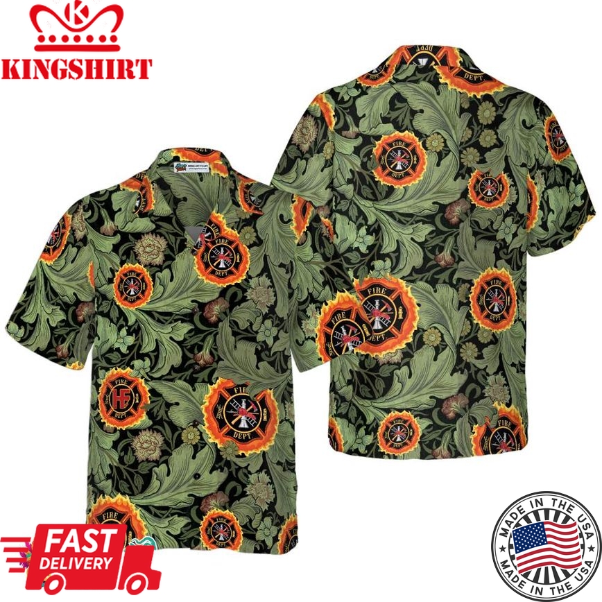 Fire Rescue Proud Firefighter Hawaiian Shirt, Floral And Leaves Fire Dept Logo Firefighter Shirt For Men