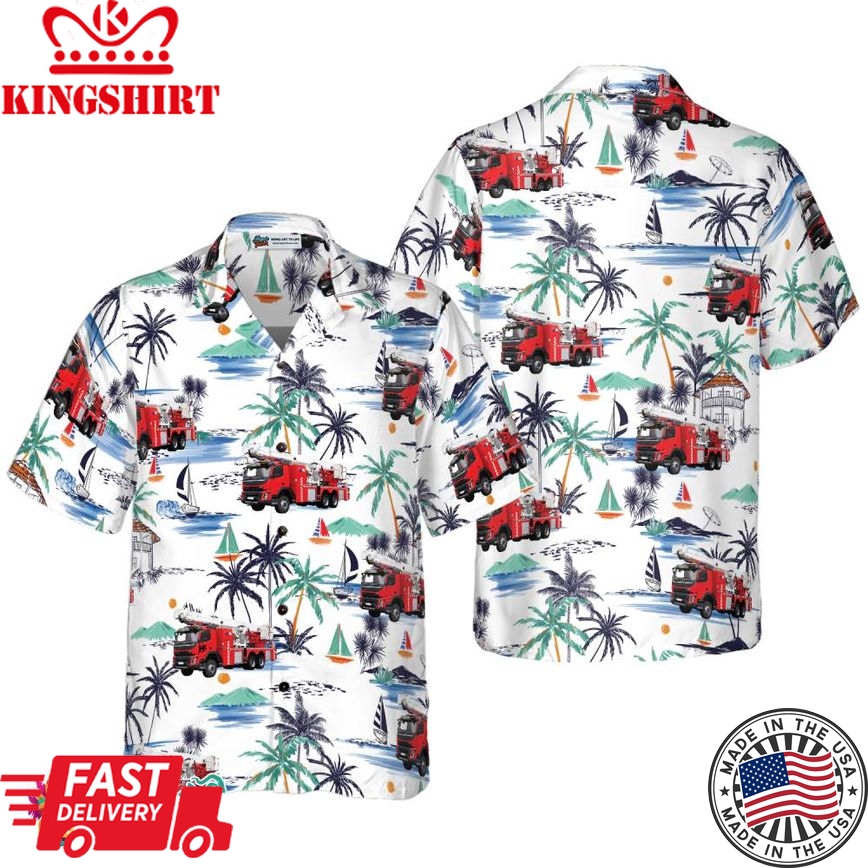 Fire Truck Friend Of Firefighter Hawaiian Shirt, White Tropical Red Fire Truck Firefighter Shirt For Men