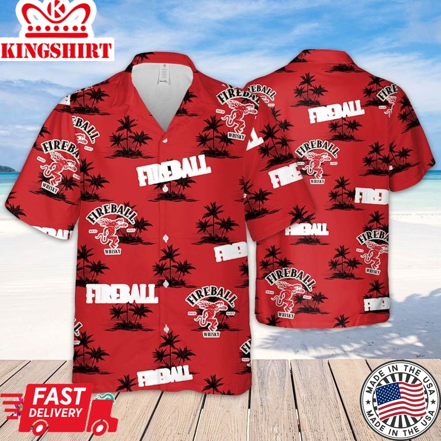 Fireball Hawaiian Coconut Island Pattern Hawaiian Beer Lover Shirt, Classic Flowers Beer Aloha Shirt