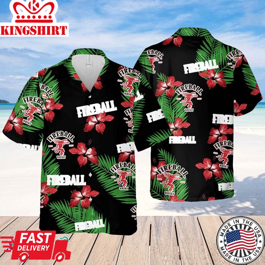 Fireball Hawaiian Hibiscus Flower Pattern,Tropical Beach Shirt, Hawaiian Flower Shirt, Hawaiian Beer Shirt