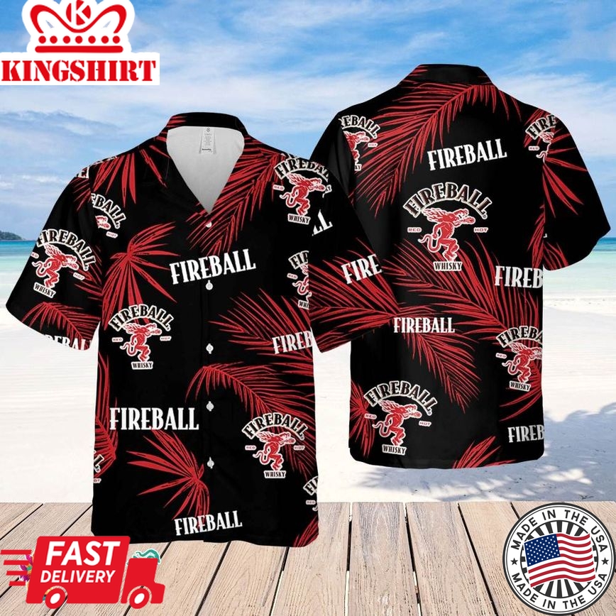 Fireball Hawaiian Palm Leaves Pattern Shirt, Beer Summer Party Hawaiian Shirt, Schlitz Beer Shirt