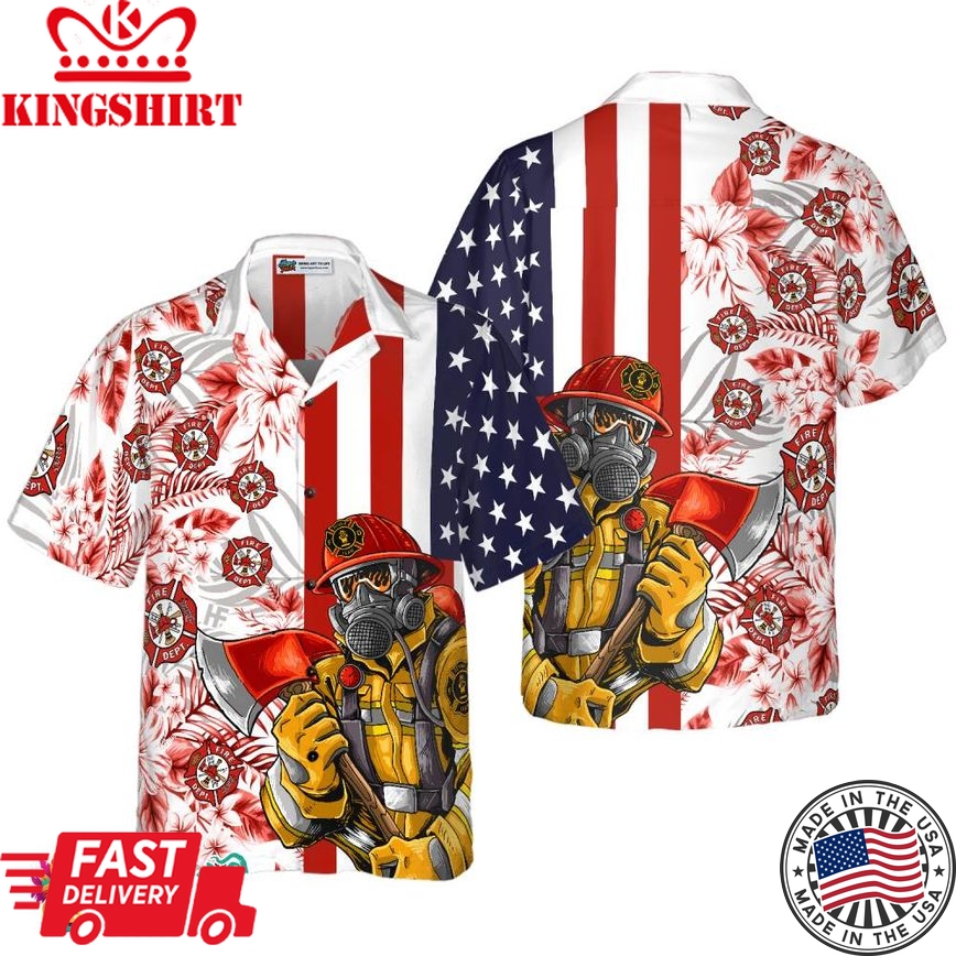 Firefighter American Flag Tropical Firefighter Hawaiian Shirt, Texas Bluebonnet Fire Dept Logo Firefighter Shirt For Men