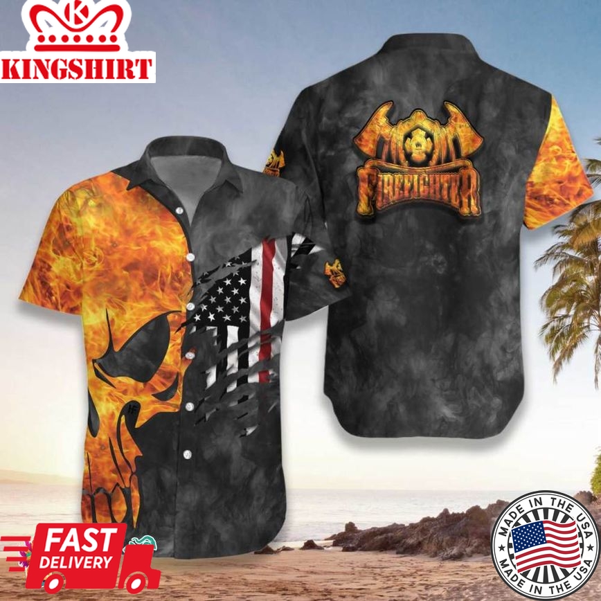 Firefighter And Flame Skull Firefighter Hawaiian Shirt, Firefighter Cross Axes Ripped American Flag Firefighter Shirt