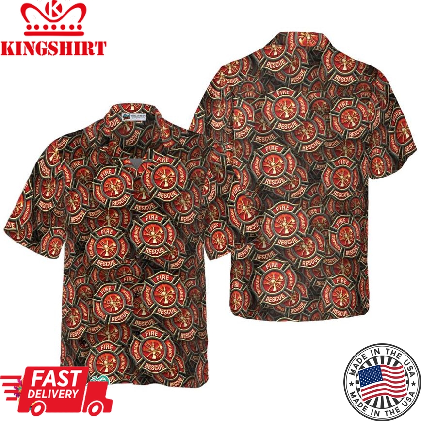 Firefighter Courage Rescue Honor Firefighter Hawaiian Shirt, Fire Dept Logo Pattern Firefighter Shirt For Men