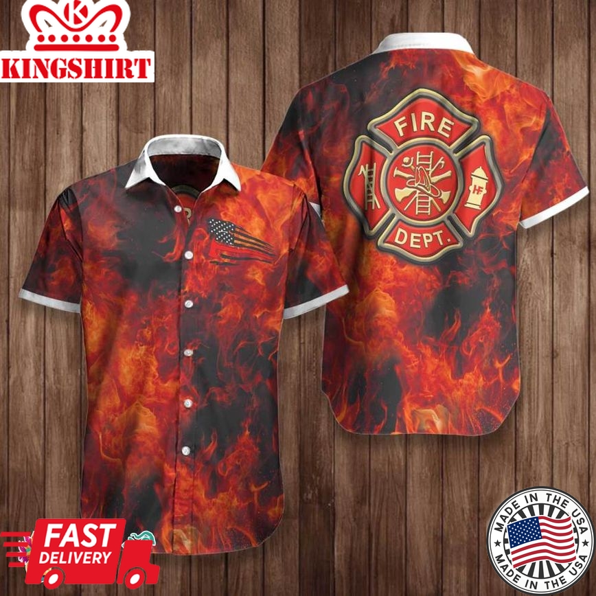 Firefighter Flag And Logo Hawaiian Shirt, Red Flame Background American Flag Firefighter Shirt For Men