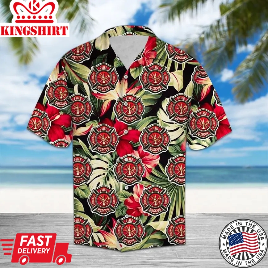 Firefighter Floral Trendy Hawaiian Shirt, Unisex Print Aloha Short Sleeve Casual Shirt Summer Gifts