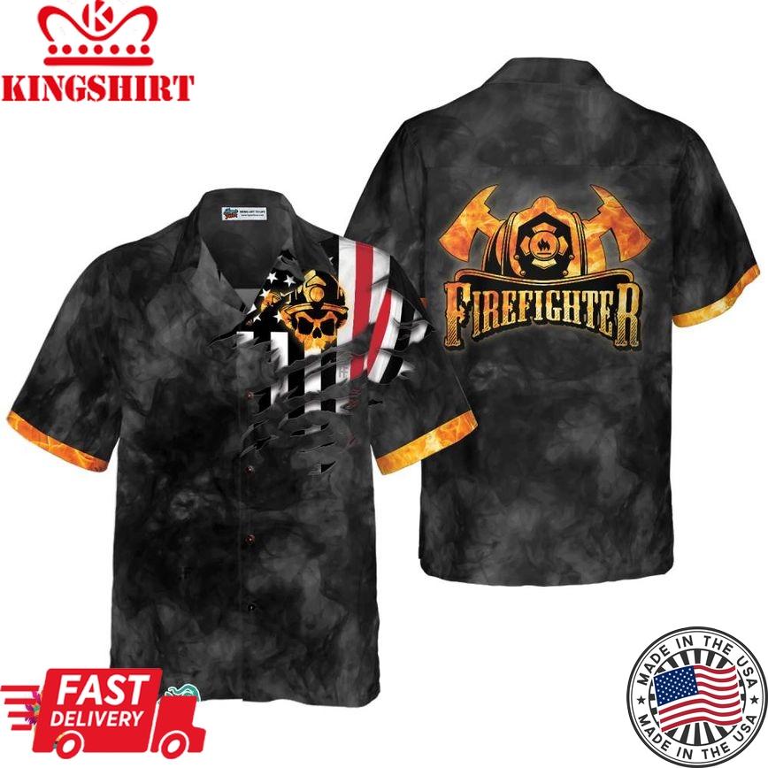 Firefighter Golden Skull And Ripped American Flag Firefighter Hawaiian Shirt, Black And Gold Firefighter Shirt For Men