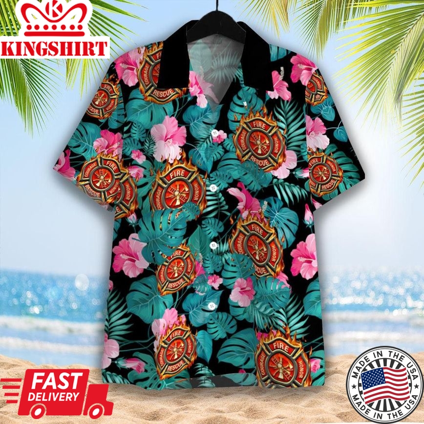 Firefighter Hibiscus Flower Trendy Hawaiian Shirt