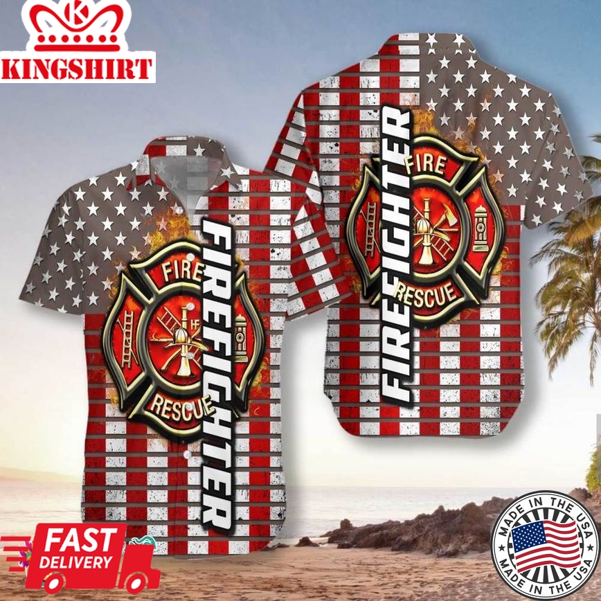 Firefighter Logo And Red American Flag Firefighter Hawaiian Shirt, Horizontal Stripe Firefighter Shirt For Men