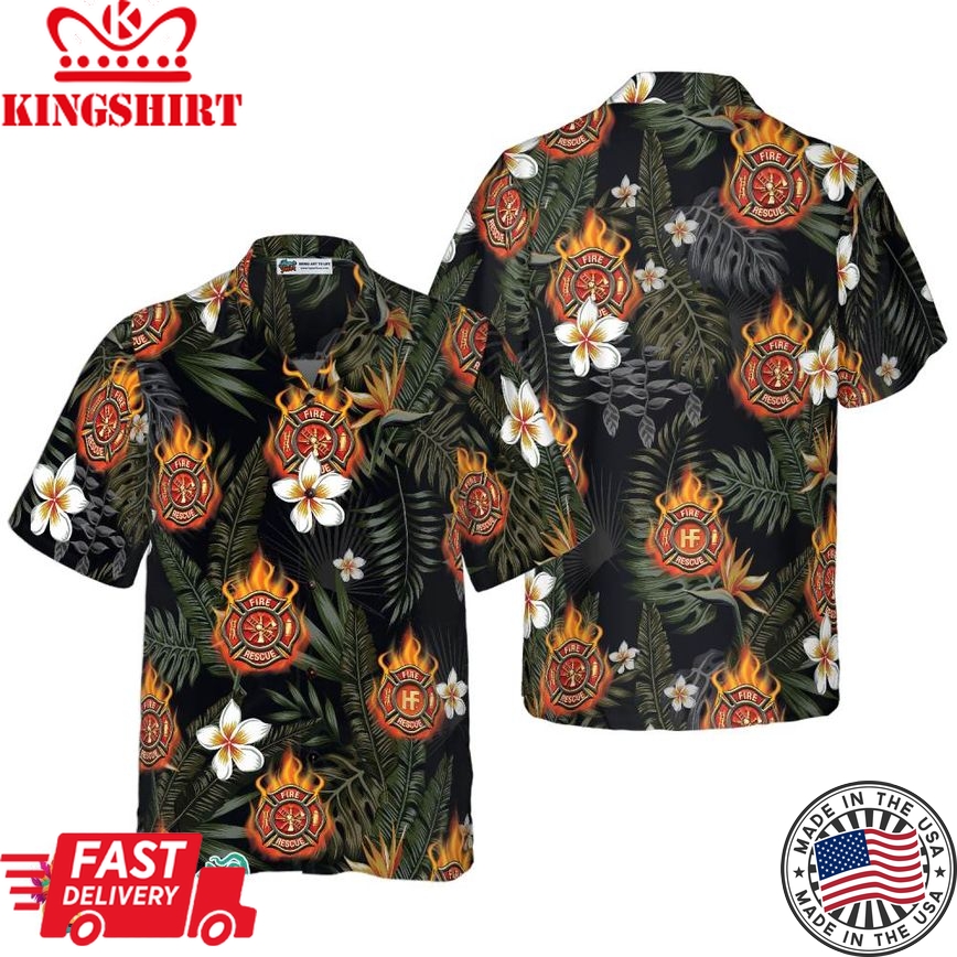 Firefighter Logo On Flame And Black Tropical Seamless Firefighter Hawaiian Shirt, Floral Firefighter Shirt For Men