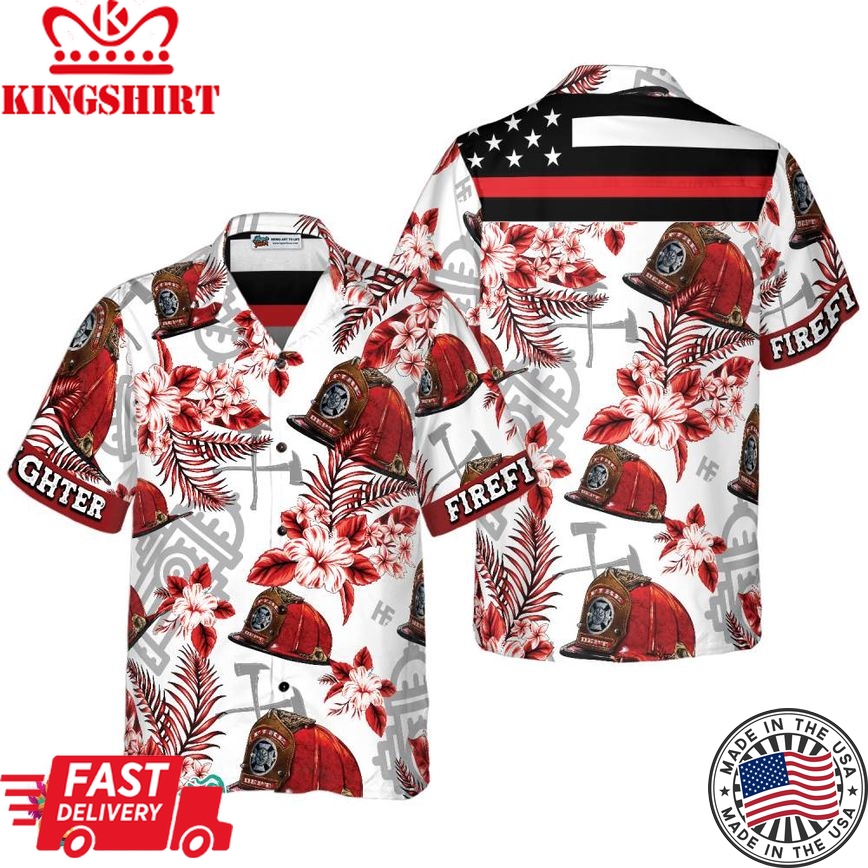 Firefighter Red Helmet Black American Flag Hawaiian Shirt, Red Texas Bluebonnet Hawaiian Shirt For Men