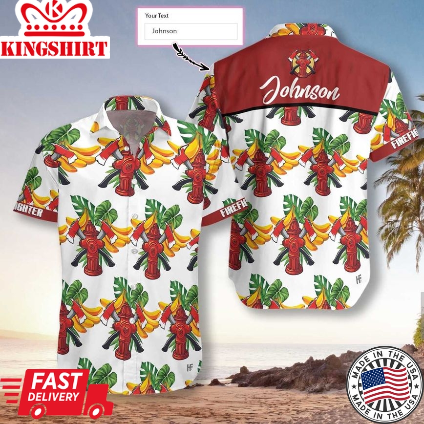 Firefighter Tropical Banana Pattern Custom Trendy Hawaiian Shirt, Personalized Cross Axes Firefighter Trendy Hawaiian Shirt For Men