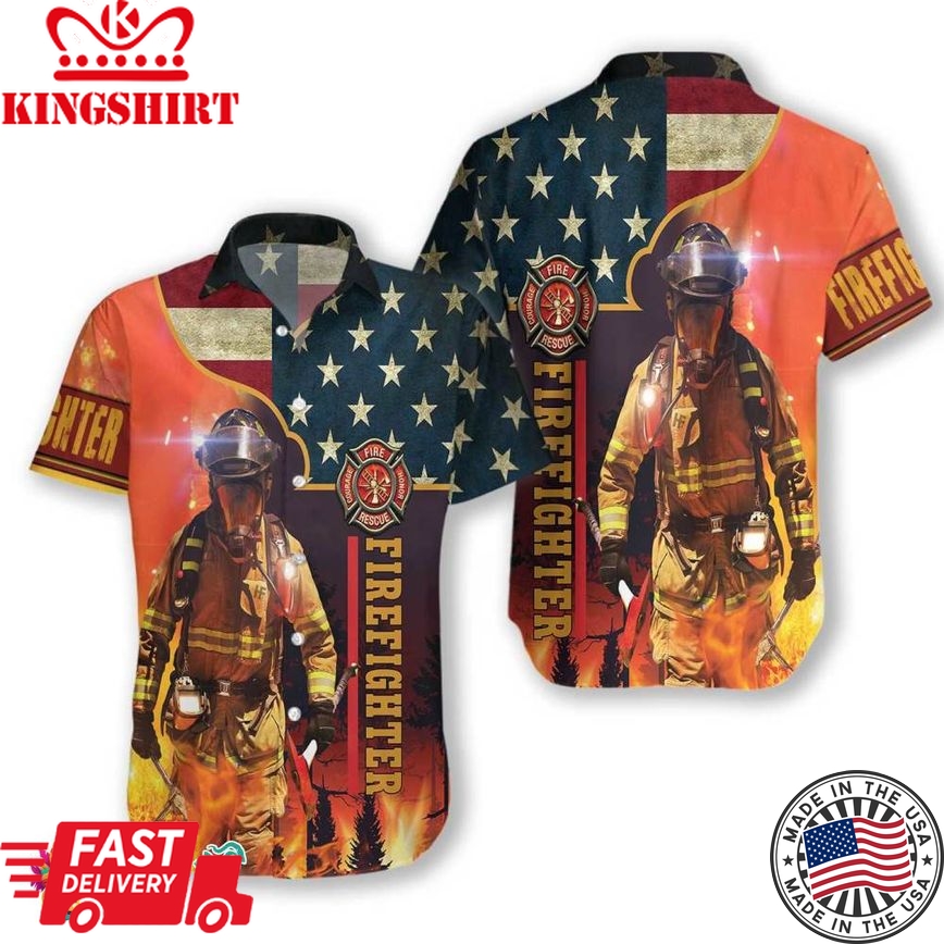 Firefighter With American Flag Hawaiian Shirt, Fire Rescue Firefighter On Duty Hawaiian Shirt For Men