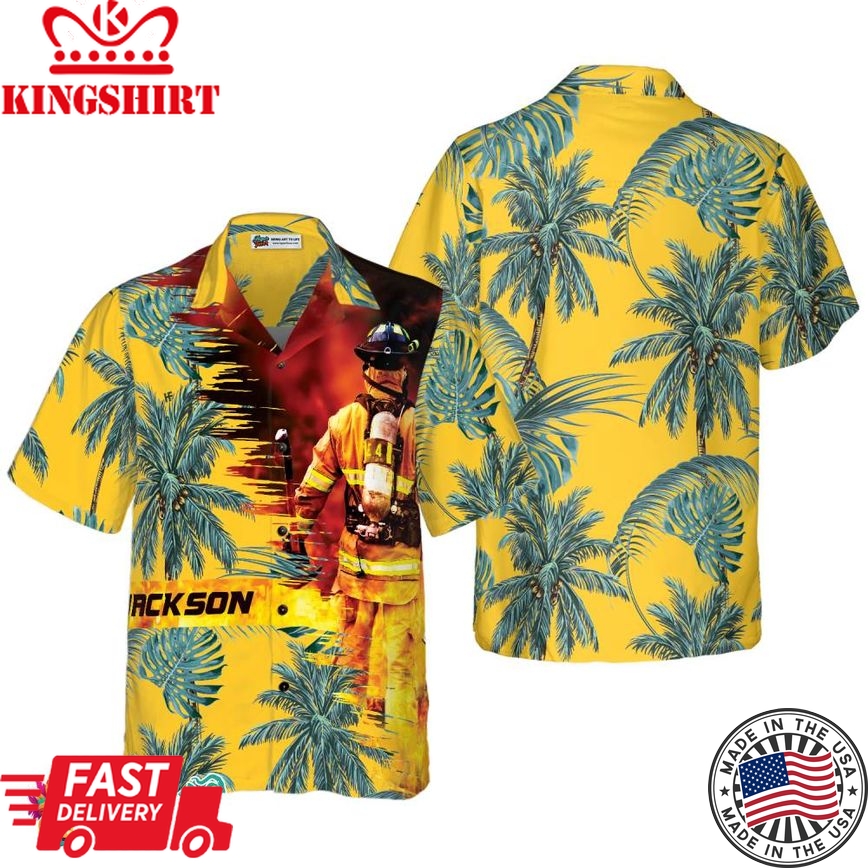 Firefighter Yellow Tropical Custom Hawaiian Shirt, Personalized Tropical Palm Tree Firefighter Shirt For Men