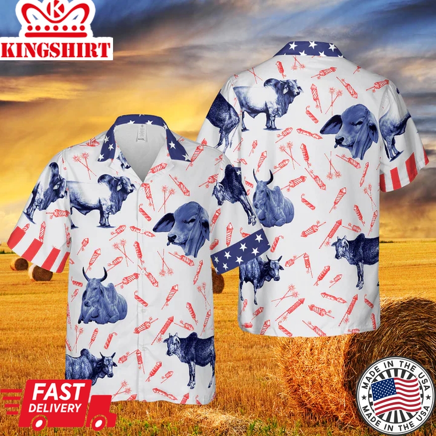 Firework Frenzy: Independence Day Brahman Pattern 3D Trendy Hawaiian Shirt, Patriotic Style