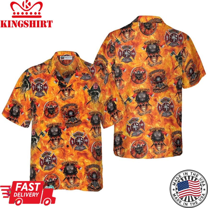 First In Last Out Firefighter Hawaiian Shirt, Viking Style Flame Skull Shield Firefighter Shirt For Men