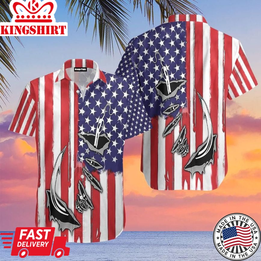 Fish Hook American Flag Trendy Hawaiian Shirt