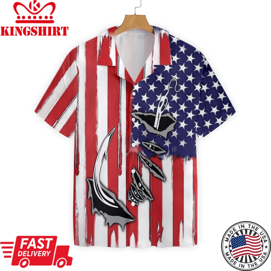 Fishing Aloha Shirt Fishing Hawaii Shirt Fish Hook American Flag Trendy Hawaiian Shirt