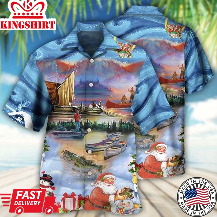 Fishing And Santa Claus Merry Christmas Happy - Hawaiian Shirt