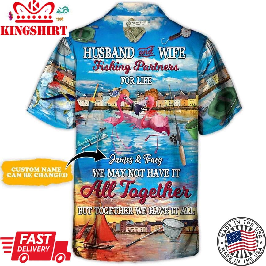 Fishing Flamingo Husband And Wife Fishing Partners For Life Personalized - Hawaiian Shirt - Personalized Photo Gifts Hawaiian Shirt