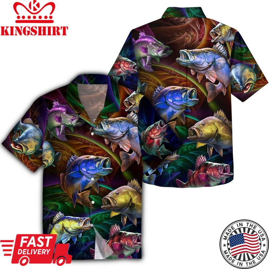 Fishing Hawaii Shirt Colorful Bass Fish Fishing Hawaii Aloha Shirt Black Adult