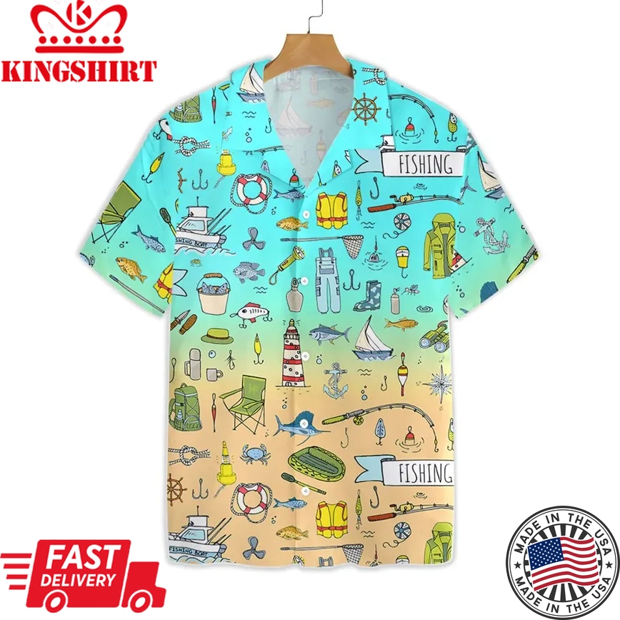 Fishing Hawaii Shirt Fishing Aloha Shirt Fishing Tool Swordfish Lighthouse Boat Pattern Trendy Hawaiian Shirt