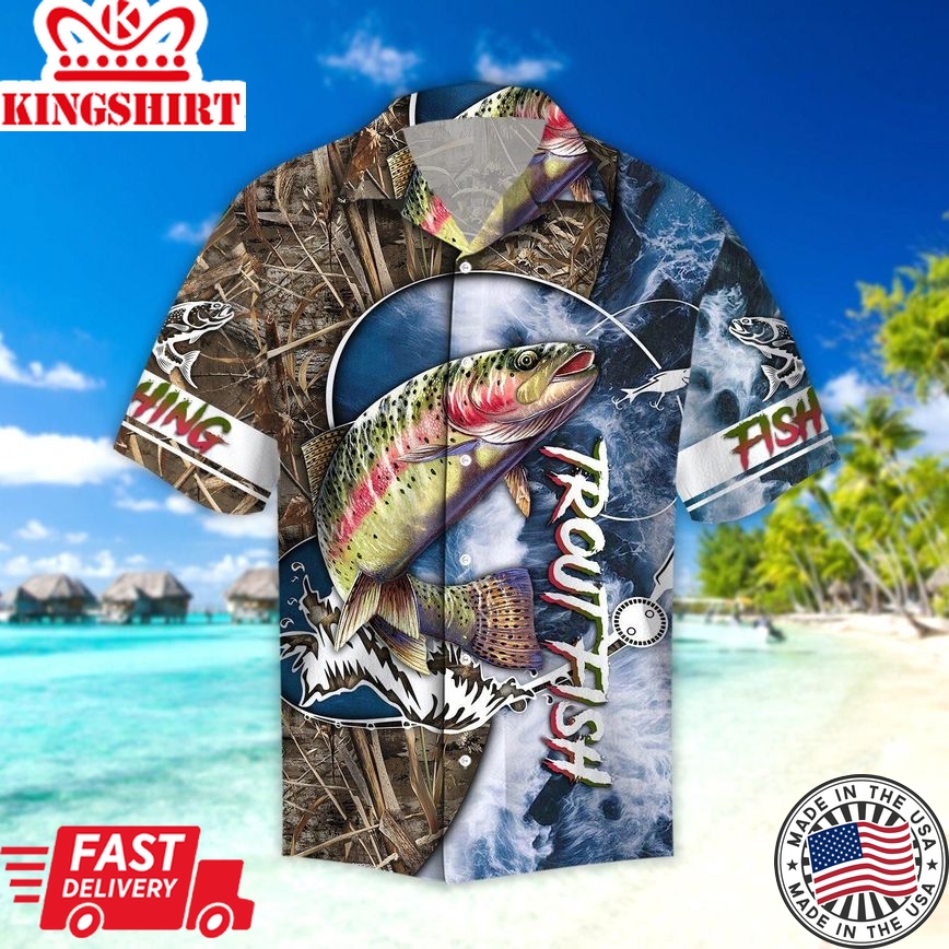 Fishing Hawaii Shirt Fishing Trendy Hawaiian Shirt Trout Fish Fishing Blue Wood Aloha Shirt