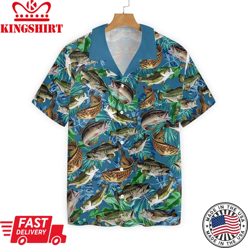 Fishing Hawaiian Shirt Bass Fish Pattern Tropical Hawaii Shirt Blue Green