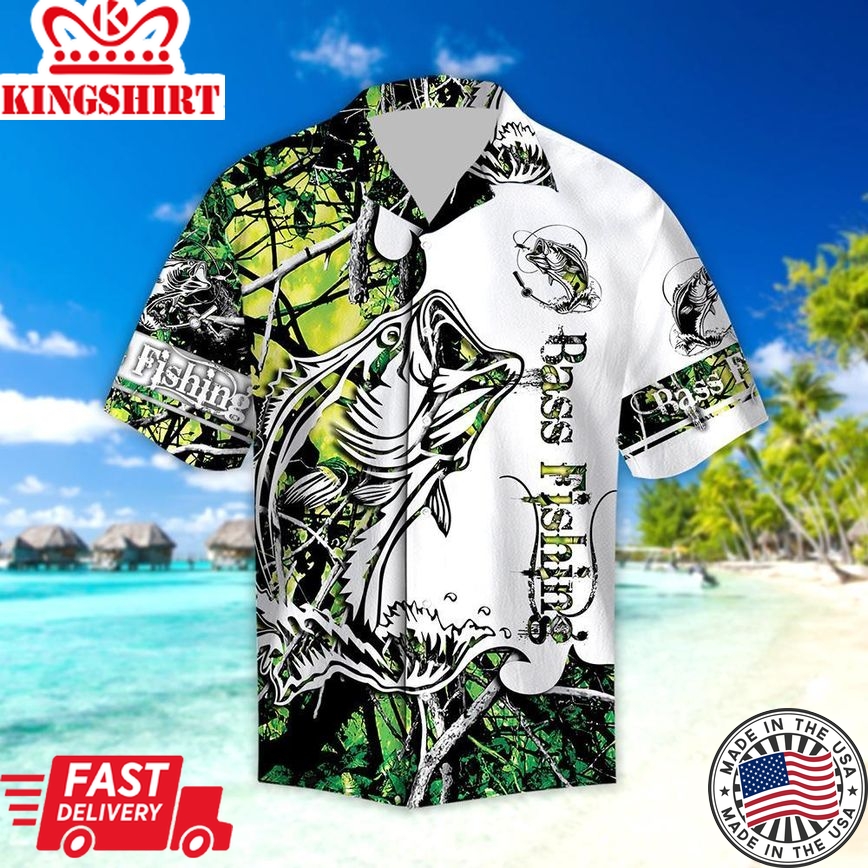 Fishing Hawaiian Shirt Bass Fishing White Green Hawaii Shirt