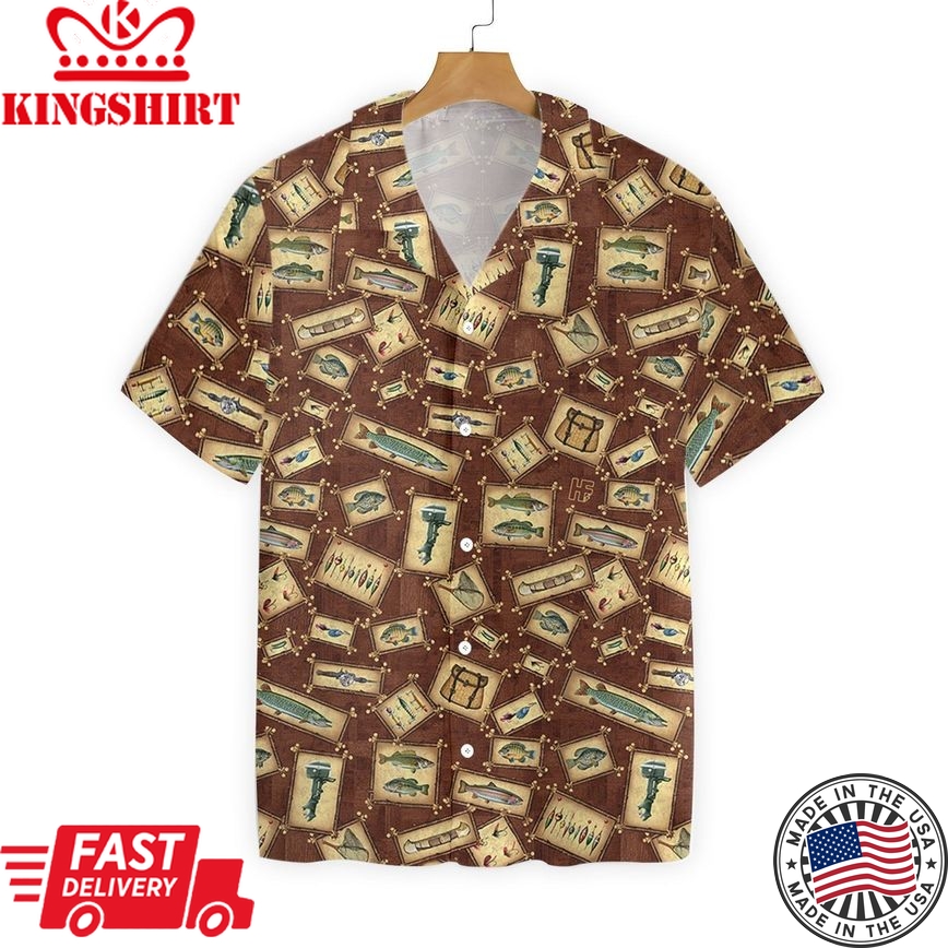 Fishing Hawaiian Shirt Fishing Tool Pattern Hawaii Shirt Brown