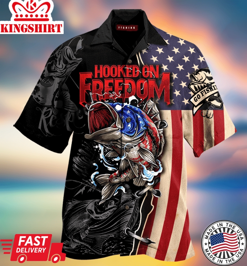 Fishing T-Shirt Hooked On Freedom Bass Fishing Hawaiian Shirt