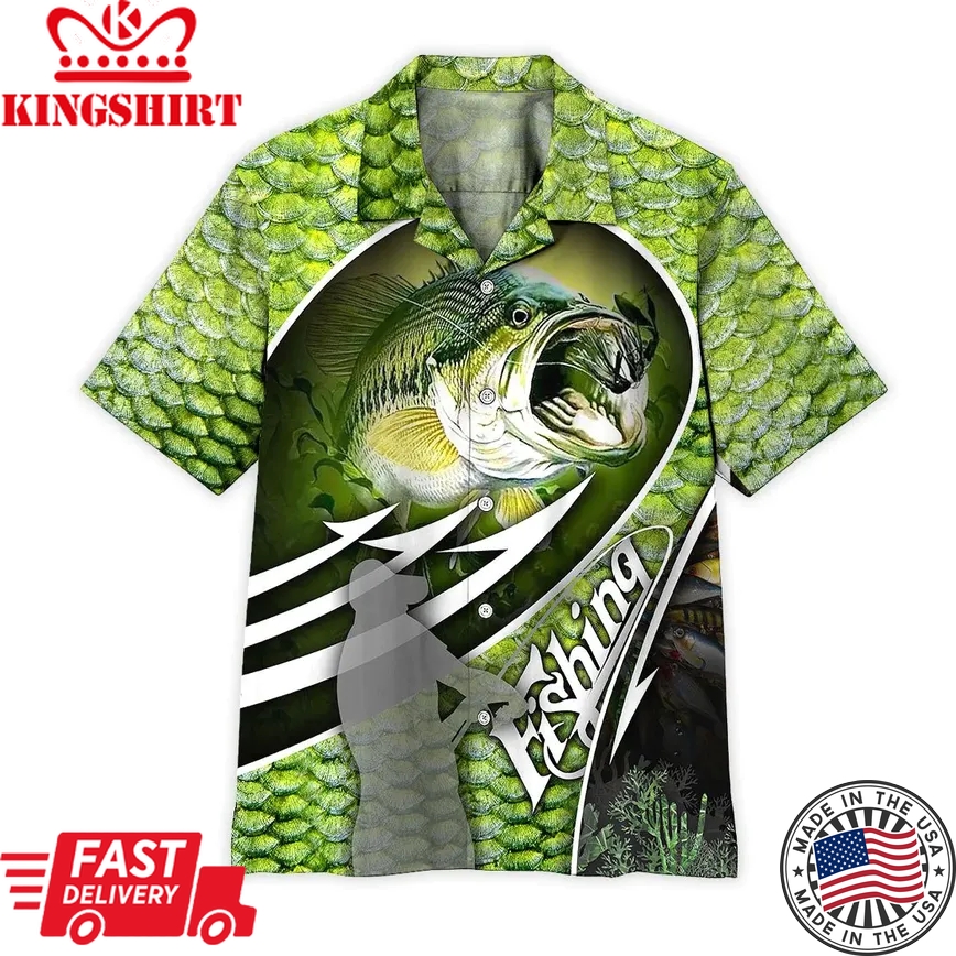 Fishing Trendy Hawaiian Shirt Fishing Aloha Shirt Green Fish Skin Bass Fish Trendy Hawaiian Shirt