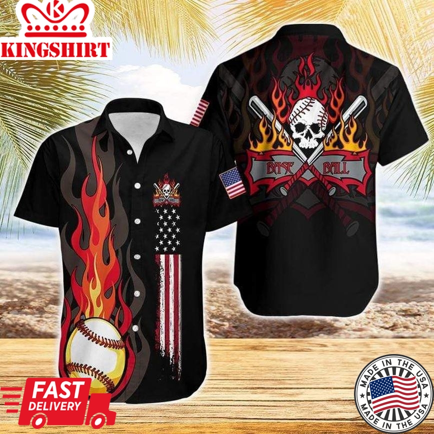 Flame Baseball Skull American Flag Trendy Hawaiian Shirts