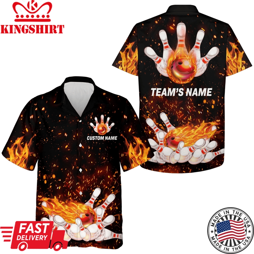 Flame Hawaiian Bowling Shirt, Personalized Team Bowlers Jersey Short Sleeve Button Down Fire Bowling