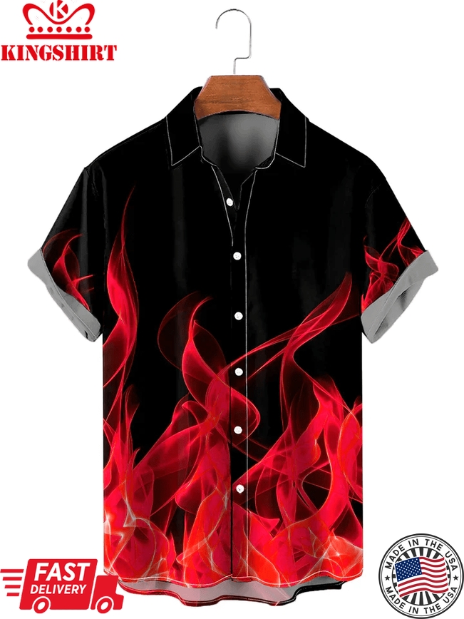 Flame Pattern Short Sleeve Shirt, Trendy Hawaiian Shirt For Men And Women