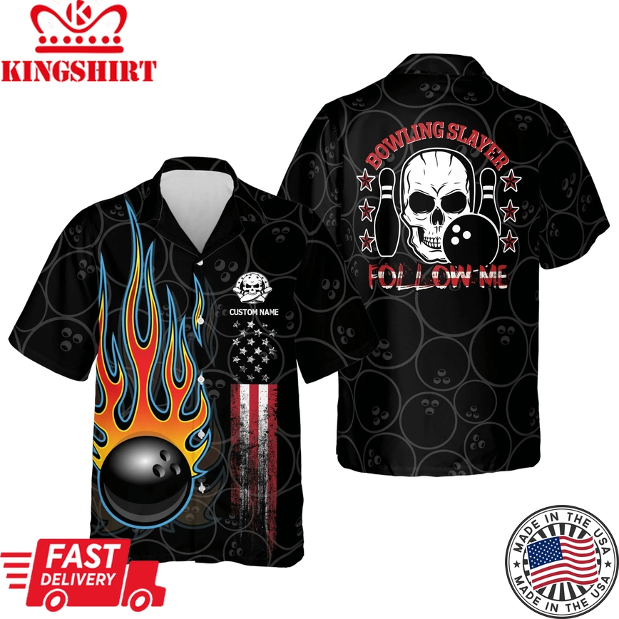 Flame Skull Bowling Slayer - Follow Me Button-Down Trendy Hawaiian Shirt, Bowling Team Shirt, Bowling Gift