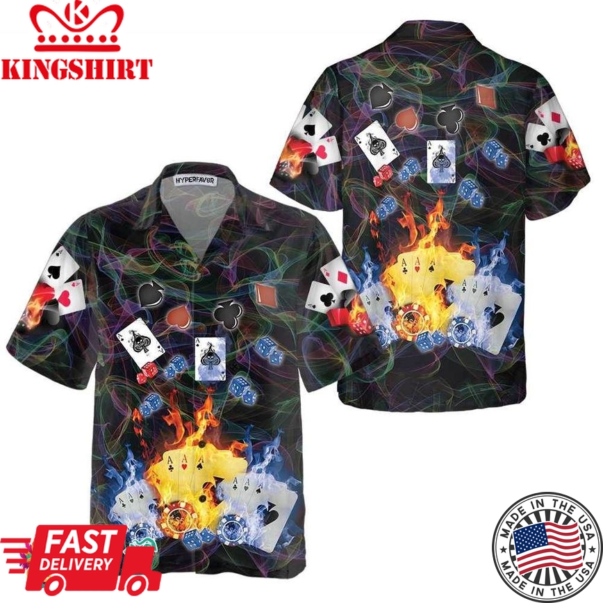 Flaming Poker Casino Hawaiian Shirt, Flame Casino Shirt For Adults, Cool Shirt For Poker Card Players