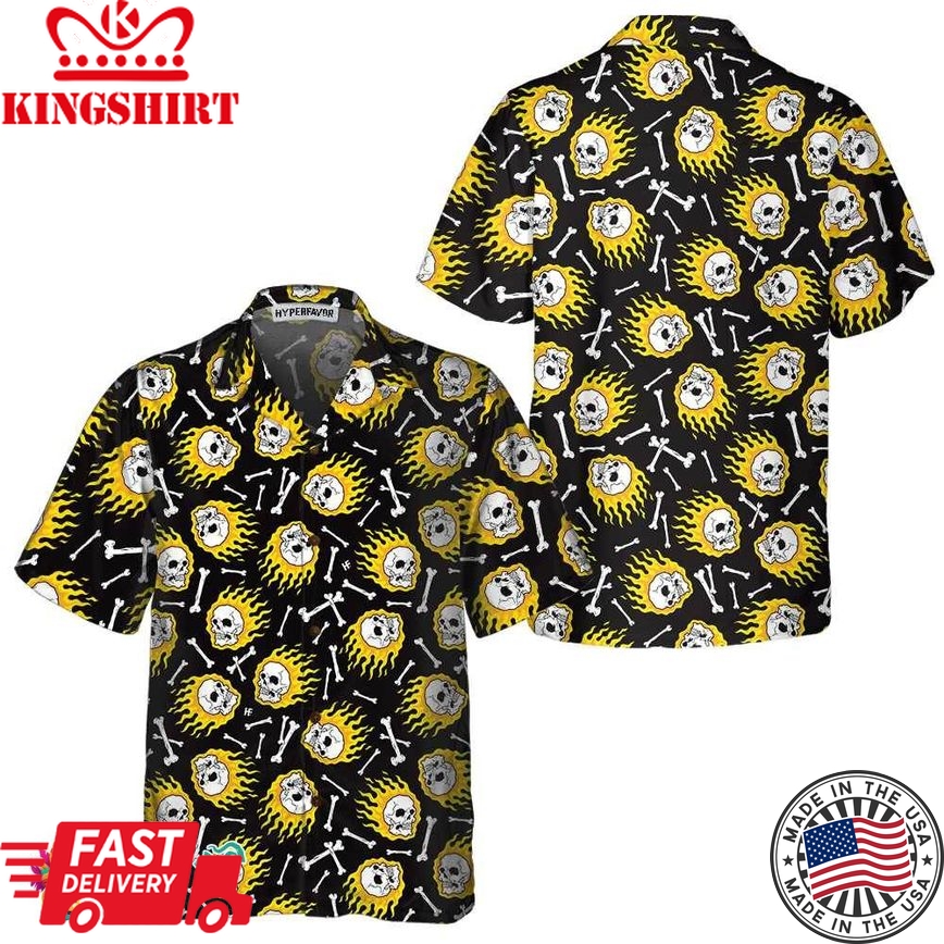 Flaming Skull Pattern Hawaiian Shirt, Unique Flame Shirt For Men, Flame Print Shirt