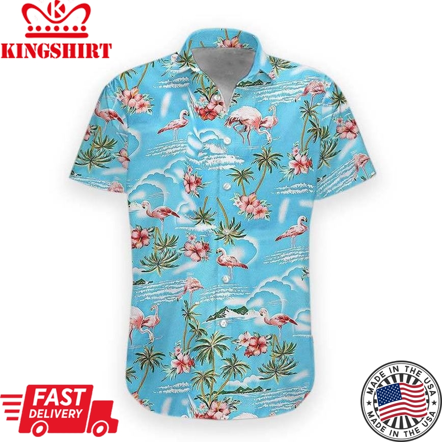 Flamingo Aloha Shirt Blue Ocean Palm Tree Flamingo Trendy Hawaiian Shirt Flamingo Hawaii Shirt