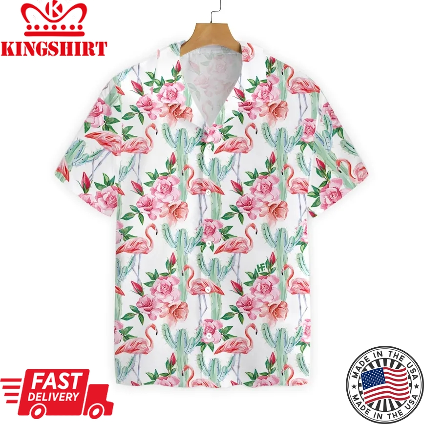 Flamingo Aloha Shirt White Flamingo Cactus Trendy Hawaiian Shirt Flamingo Aloha Shirt