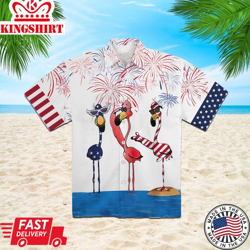 Flamingo American Flag Firework Trendy Hawaiian Shirt