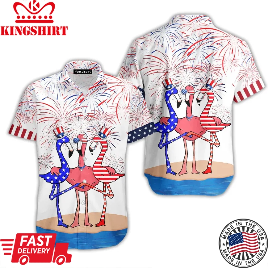 Flamingo American Flag Firework Trendy Hawaiian Shirt For Aloha Shirt