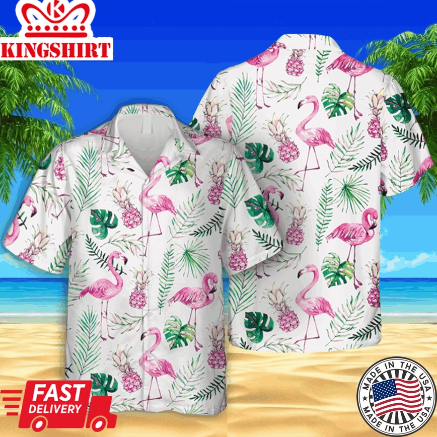 Flamingo And Pink Pineapple White Trendy Hawaiian Shirt, 3D Clothing