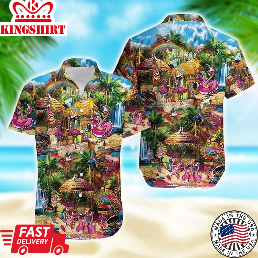 Flamingo At Tiki Bar Tropical Trendy Hawaiian Shirt Trendy Hawaiian Shirt For Men Trendy Hawaiian Shirt For Women