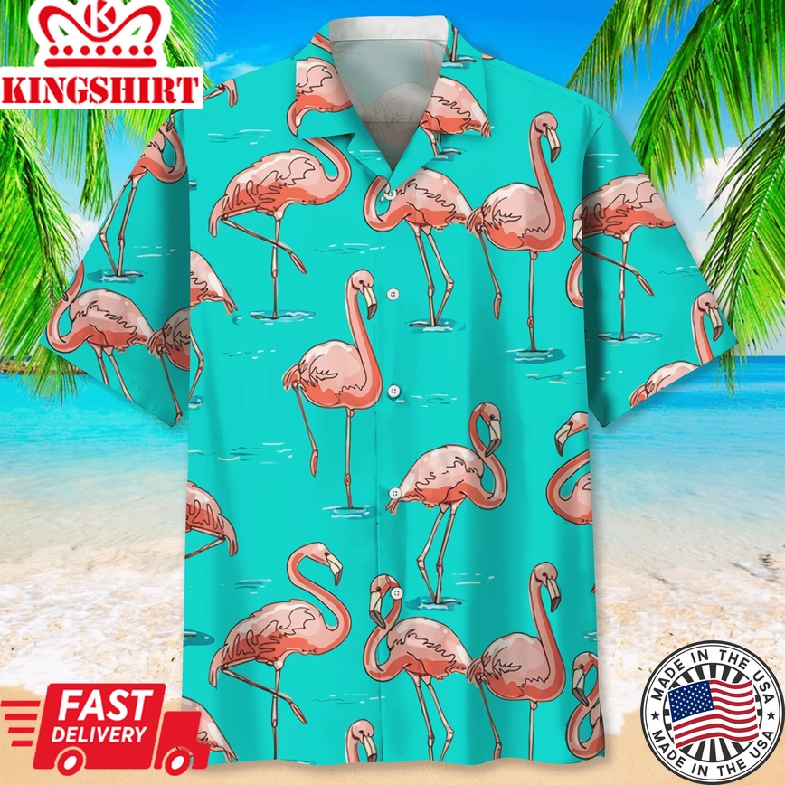 Flamingo Blue Trendy Hawaiian Shirt, Short Sleeve Summer Vacation Beach Shirts For Men