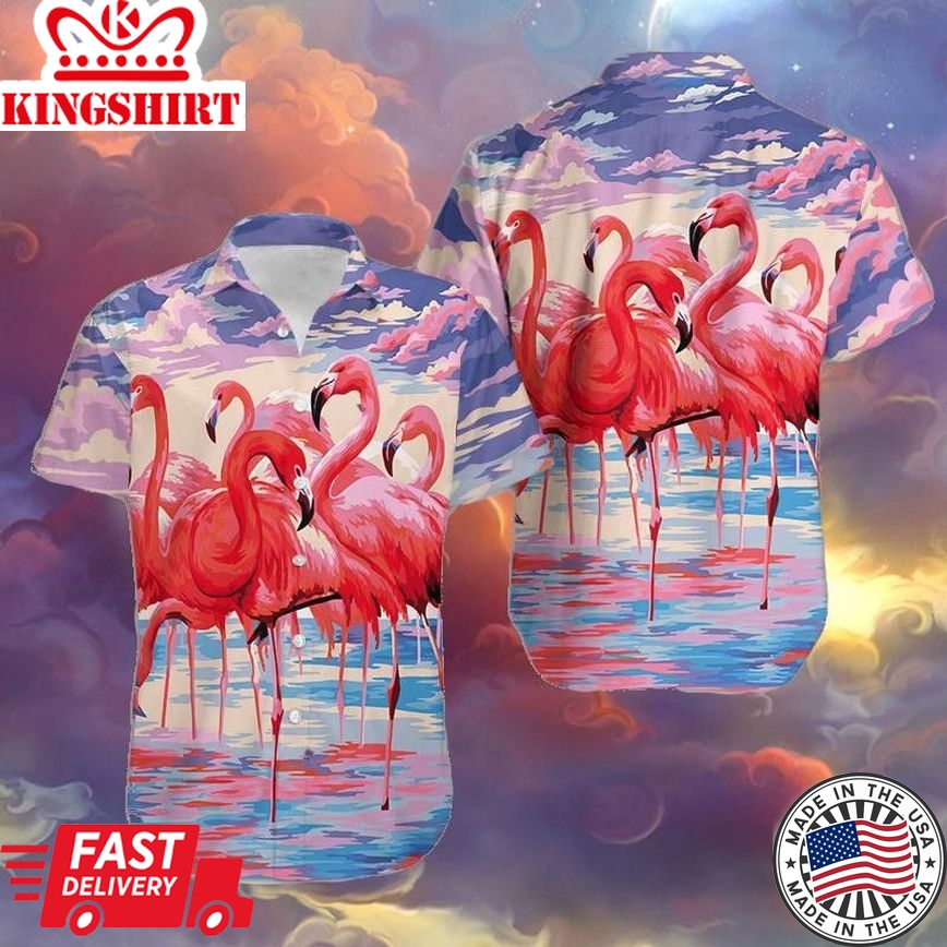 Flamingo Colorful Clouds Unisex Trendy Hawaiian Shirt, Flamingo Short Sleeve Hawaiian Aloha Shirt, Flamingo Trendy Hawaiian Shirt For Men, Women