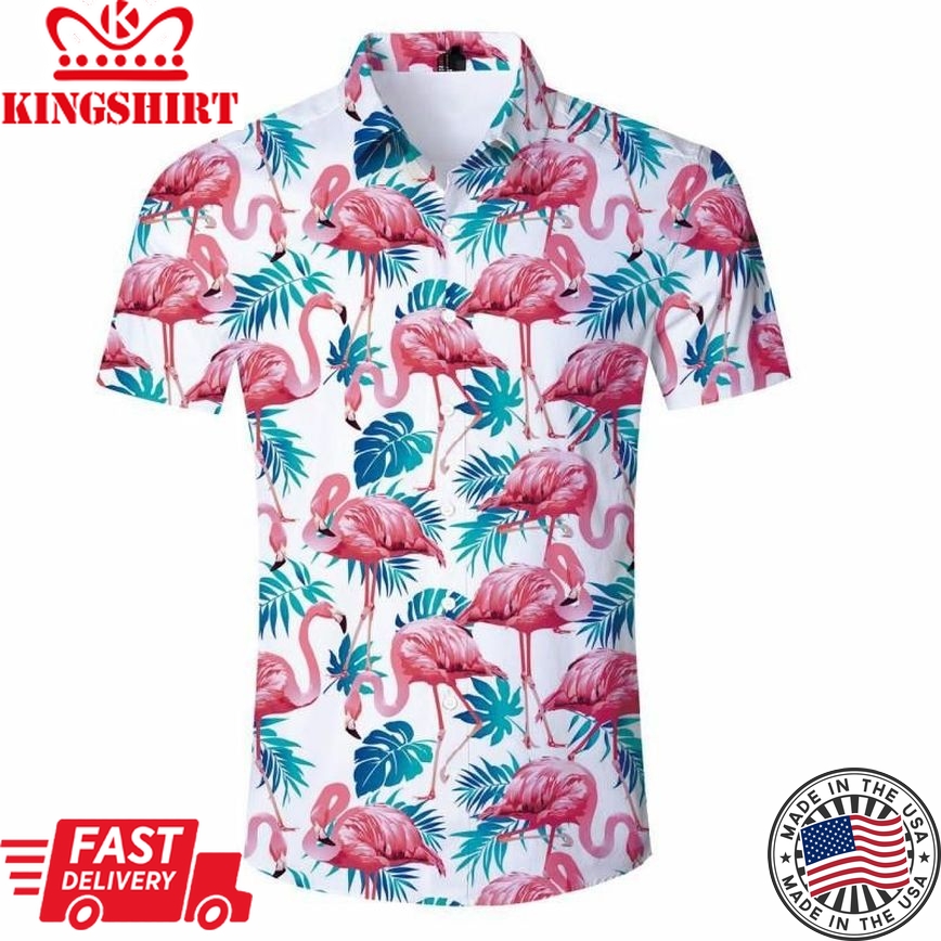 Flamingo Floral Trendy Hawaiian Shirt, Trendy Hawaiian Shirt For Men, Trendy Hawaiian Shirt For Women,, Unisex Print Aloha Short Sleeve Casual Shirt Summer Gifts