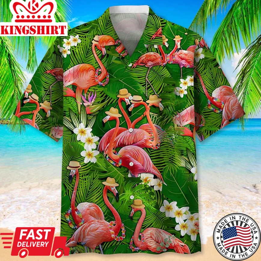 Flamingo Green Tropical Trendy Hawaiian Shirt, Aloha Shirts Short Sleeve Beach Holiday Casual Shirts